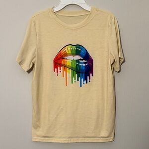Cream T-Shirt with Rainbow Lips Graphic